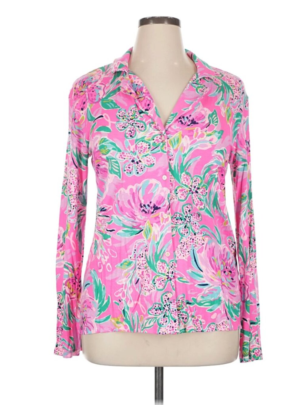 Lilly Pulitzer Pajama Knit Button-Up Top W/Cockatoo Pink Paws Floral - Size XL